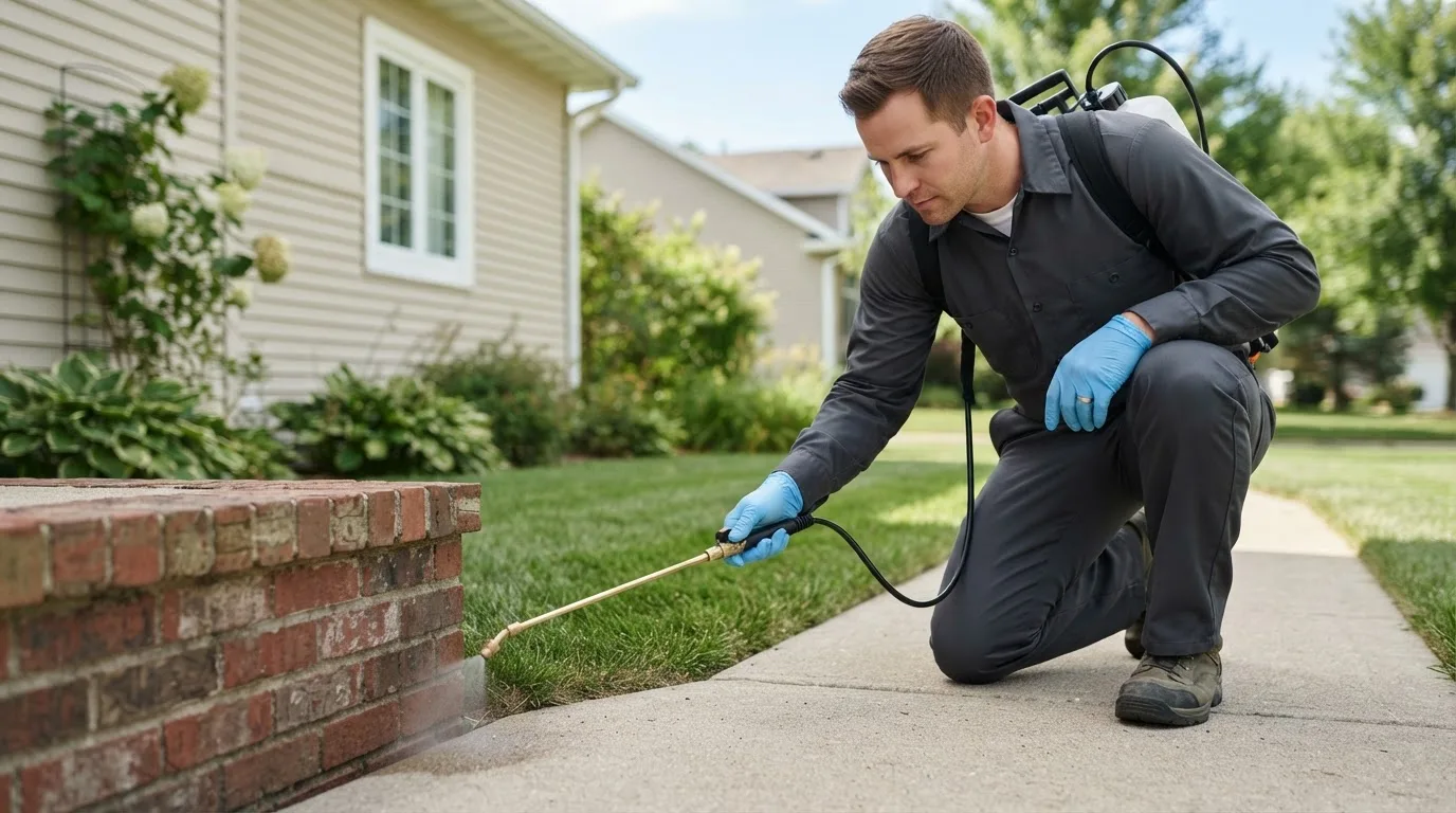 Pest control technician treating a home near Montchanin, DE